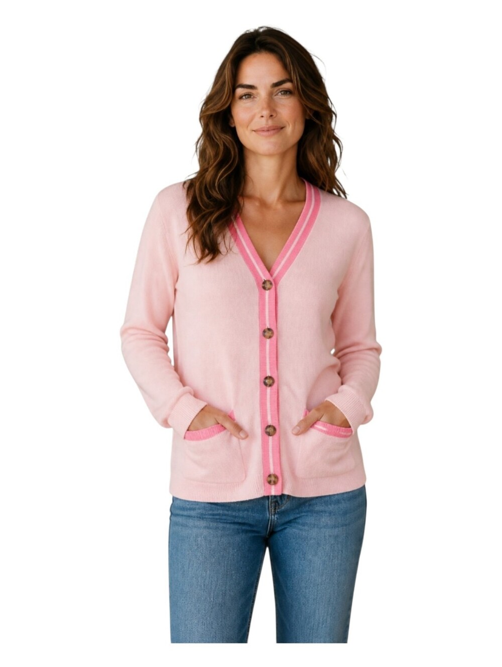 Lands End Womens Pink Patch Pocket Preppy Varsity Stripe Knit Cardigan Large